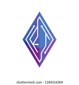 RT Initial letter block chain logo icon vector template. Looping mono line circuit letter on rhombus cube logo