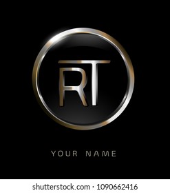 RT initial letters with circle elegant logo golden silver black background
