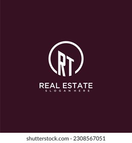 RT logo de construction monographique initial de l'immobilier avec création de style cercle créatif