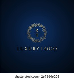 RT letter monogram luxury wedding with creative circle leaf gold