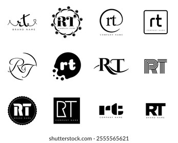 RT logo company template. Letter r and t logotype. Set different classic serif lettering and modern bold text with design elements. Initial font typography. Collection trendy business identity.