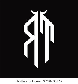 RT Logo monograma con forma de cuerno aislado Plantilla de diseño en blanco y negro sobre fondo negro