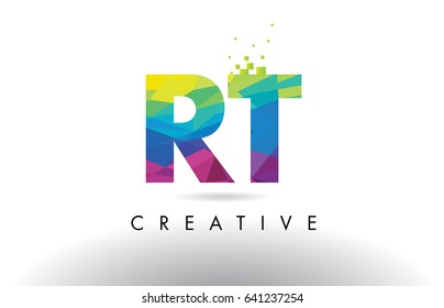 RT R T Colorful Letter Design with Creative Origami Triangles Rainbow Vector.
