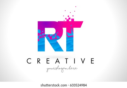 RT R T Letter Logo with Broken Shattered Blue Pink Triangles Texture Design Vector Illustration.