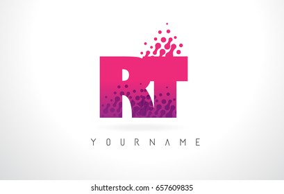 RT R T Letter Logo with Pink Letters and Purple Color Particles Dots Design.