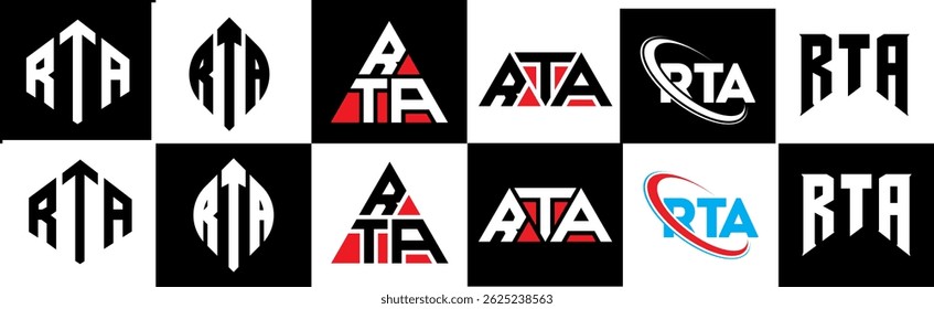 RTA letter logo design in six style. RTA polygon, circle, triangle, hexagon, flat and simple style with black and white color variation letter logo set in one artboard. RTA minimalist and classic logo