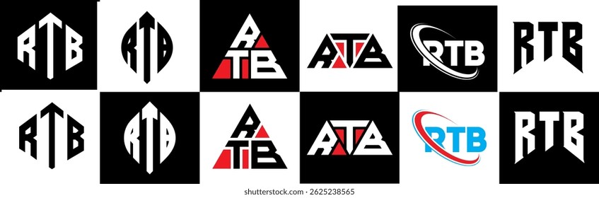 Diseño de logotipo de letra RTB en seis estilos. RTB polígono, círculo, triángulo, hexágono, estilo plano y simple con logo de letra de variación de color blanco y negro en una mesa de trabajo. Logotipo minimalista y clásico de RTB