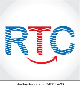 RTC INITIAL LETTER LOGO WITH ARROW ELEMENT (symbol of forward moving business)  AND WAVES IN LETTERS BLUE AND RED COLOR