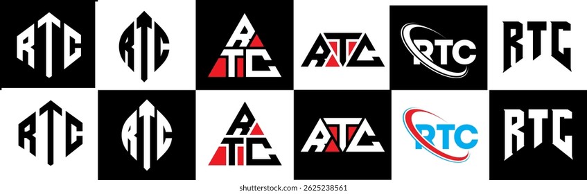 RTC letter logo design in six style. RTC polygon, circle, triangle, hexagon, flat and simple style with black and white color variation letter logo set in one artboard. RTC minimalist and classic logo