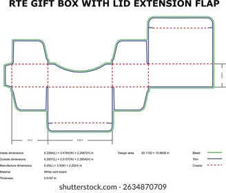 Rte gift box die-cut template with lid extension flap and dimensions