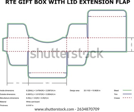 Rte gift box die-cut template with lid extension flap and dimensions