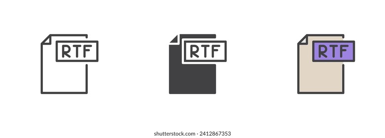 RTF file different style icon set. Line, glyph and filled outline colorful version, outline and filled vector sign. Symbol, logo illustration. Vector graphics
