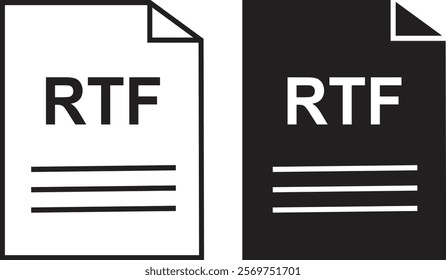 RTF file icon set. RTF file type symbol. File RTF format icon in black filled and outlined style isolated on transparent background. Ideal for technology or data related content, vector illustration.