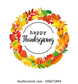 rThanksgiving Day card template. Use for banner, flyer, print. Composition with autumn leaves Vector clip art.