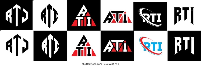 Projeto do logotipo da letra RTJ em estilo seis. Polígono RTJ, círculo, triângulo, hexágono, estilo simples e plano com logotipo de letra de variação de cor preto e branco definido em uma prancheta. RTJ minimalista e logotipo clássico