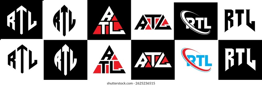 RTL letter logo design in six style. RTL polygon, circle, triangle, hexagon, flat and simple style with black and white color variation letter logo set in one artboard. RTL minimalist and classic logo