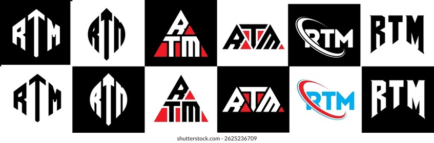 Design de logotipo de letra RTM em estilo seis. Polígono RTM, círculo, triângulo, hexágono, estilo simples e plano com logotipo de letra de variação de cor preto e branco definido em uma prancheta. RTM minimalista e logotipo clássico