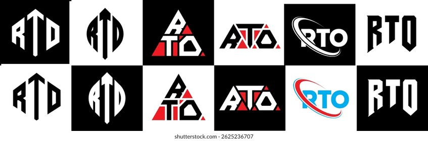 RTO letter logo design in six style. RTO polygon, circle, triangle, hexagon, flat and simple style with black and white color variation letter logo set in one artboard. RTO minimalist and classic logo