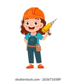rtoon Girl Holding Electric Drill Wearing a Hard Hat and Overalls Uniform