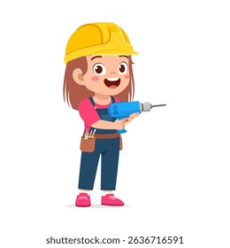 rtoon Girl Wearing Hard Hat Holding Drill Smiling and Looking Away Confidently