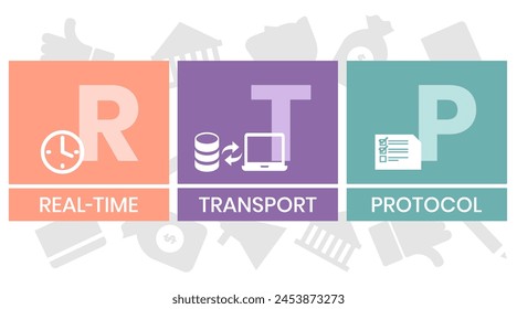 RTP - acrónimo del protocolo de transporte en tiempo real. fondo del concepto de negocio. concepto de Ilustración vectorial con Palabras claves e íconos. ilustración de letras con ícono