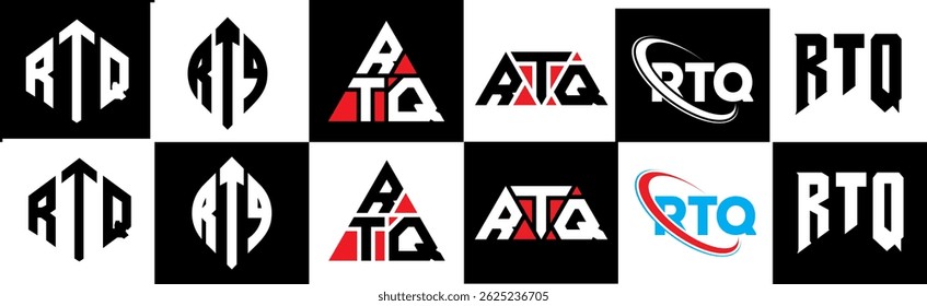 RTQ letter logo design in six style. RTQ polygon, circle, triangle, hexagon, flat and simple style with black and white color variation letter logo set in one artboard. RTQ minimalist and classic logo
