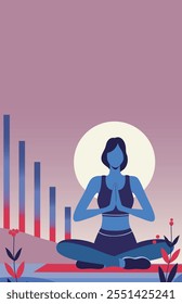 rts and health day. Woman doing yoga. Vector flat illustration of woman in sports. Design trendy fashionable colors with abstract minimalistic background. Suitable for fitness and healthy lifestyle 