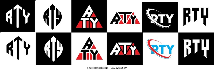 RTY letter logo design in six style. RTY polygon, circle, triangle, hexagon, flat and simple style with black and white color variation letter logo set in one artboard. RTY minimalist and classic logo