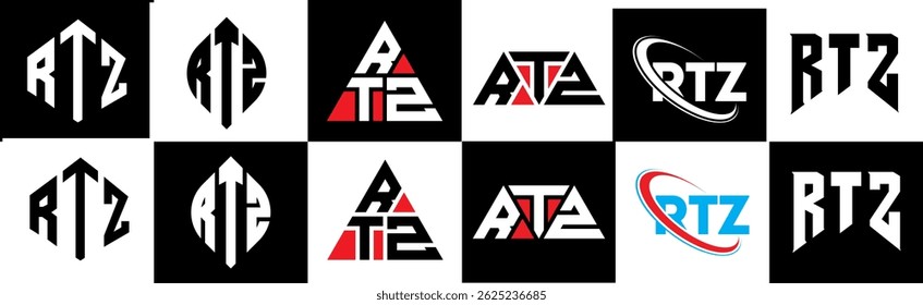 RTZ letter logo design in six style. RTZ polygon, circle, triangle, hexagon, flat and simple style with black and white color variation letter logo set in one artboard. RTZ minimalist and classic logo