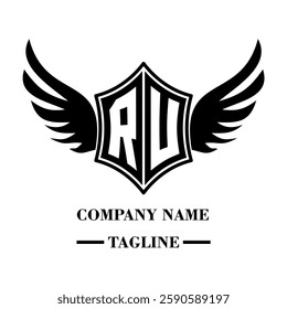 RU bold shield logo with wings, customizable with letters A to Z. Perfect for brands seeking a powerful symbol of strength, freedom, and ambition