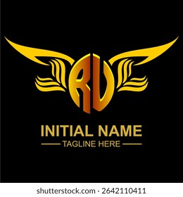 RU Golden Wing Emblem Logo with elegant gold wings, sleek and modern design. Ideal for branding, creative projects, luxury businesses, or artistic ventures.