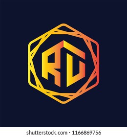 RU Initial letter hexagonal logo vector