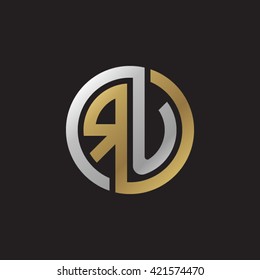 RU initial letters looping linked circle elegant logo golden silver black background
