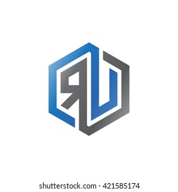 RU initial letters looping linked hexagon logo black gray blue