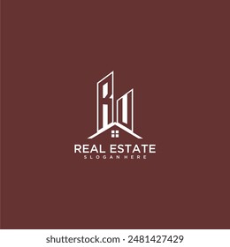 Monograma inicial de la RU y logotipo del tejado para la propiedad inmobiliaria