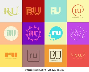 RU logo company template. Letter r and u logotype. Set different classic serif lettering and modern bold text with design elements. Initial font typography. Collection trendy business identity.