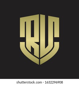 RU Logo monogram with emblem shield shape design isolated gold colors on black background