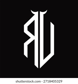 RU Logo monogram with horn shape isolated black and white design template on black background