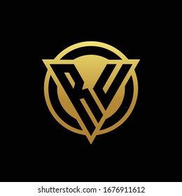 RU logo monogram with triangle shape and circle rounded style isolated on gold colors and black background design template