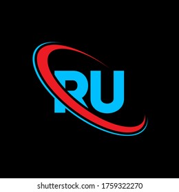 Diseño del logotipo de la carta RU R U. Letra inicial del logotipo monograma superior del círculo RU vinculado rojo y azul. Logo de RU, diseño de R U. ru, r u
