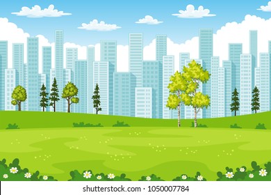 Rual summer cityscape with trees and flowers