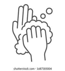 Manos de goma palma a línea delgada icono, lavado e higiene, signo sanitario, gráficos vectoriales, un patrón lineal en un fondo blanco, cepos 10
