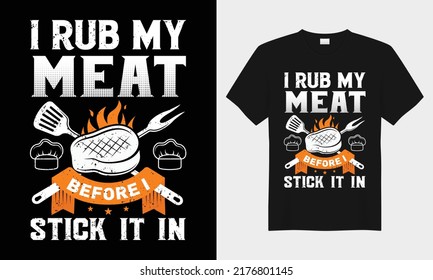 Rubio mi carne antes de ponerla en el diseño de camisetas de la tipografía vectorial BBQ. Perfecto para imprimir objetos y bolsas, carteles, tarjetas, ilustración vectorial. Aislado sobre fondo negro

