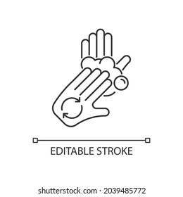 Rub palms with fingers linear icon. Regular handwashing. Covering hands with soap lather. Thin line customizable illustration. Contour symbol. Vector isolated outline drawing. Editable stroke