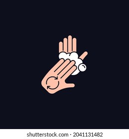 Rub Palms With Fingers RGB Color Icon For Dark Theme. Regular Handwashing. Covering Hands With Soap Lather. Isolated Vector Illustration On Night Mode Background. Simple Filled Line Drawing On Black