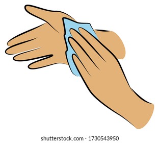 Rub your hands with a clean towel. Hygienic procedure. Disease prevention, good for health. Vector illustration.