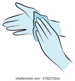 Rub your hands with a clean towel. Hygienic procedure. Disease prevention, good for health. Vector illustration.