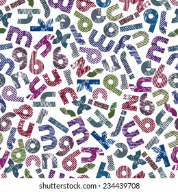Rubbed colorful seamless pattern, bold striped lowercase letters on white background.