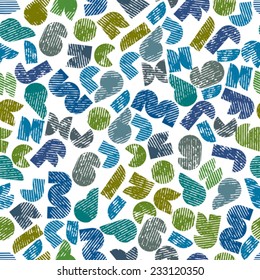 Rubbed colorful seamless pattern, decorative striped lowercase letters on white background.