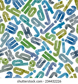 Rubbed colorful seamless pattern, tall decorative striped lowercase letters on white background.